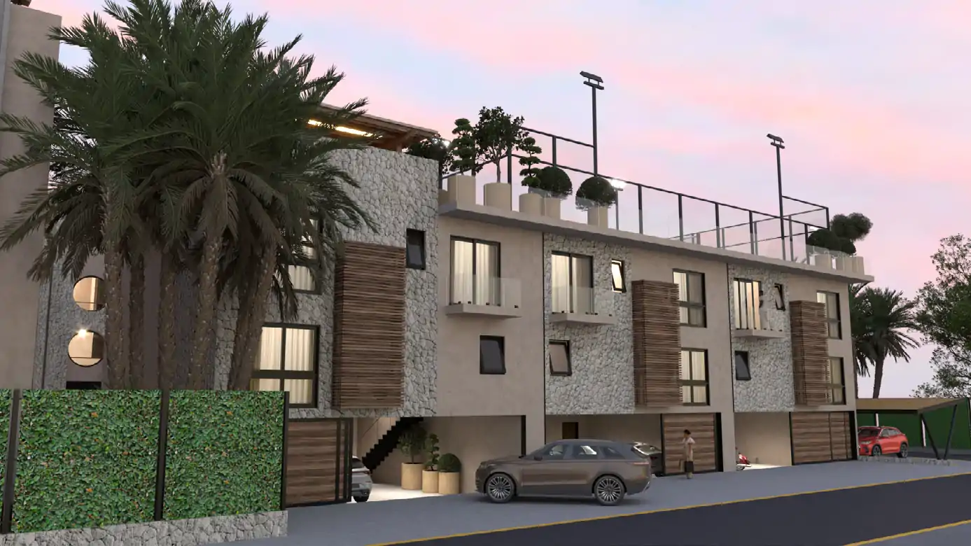 Render fachada townhouse 1 Casa de Piedra (Playacar)