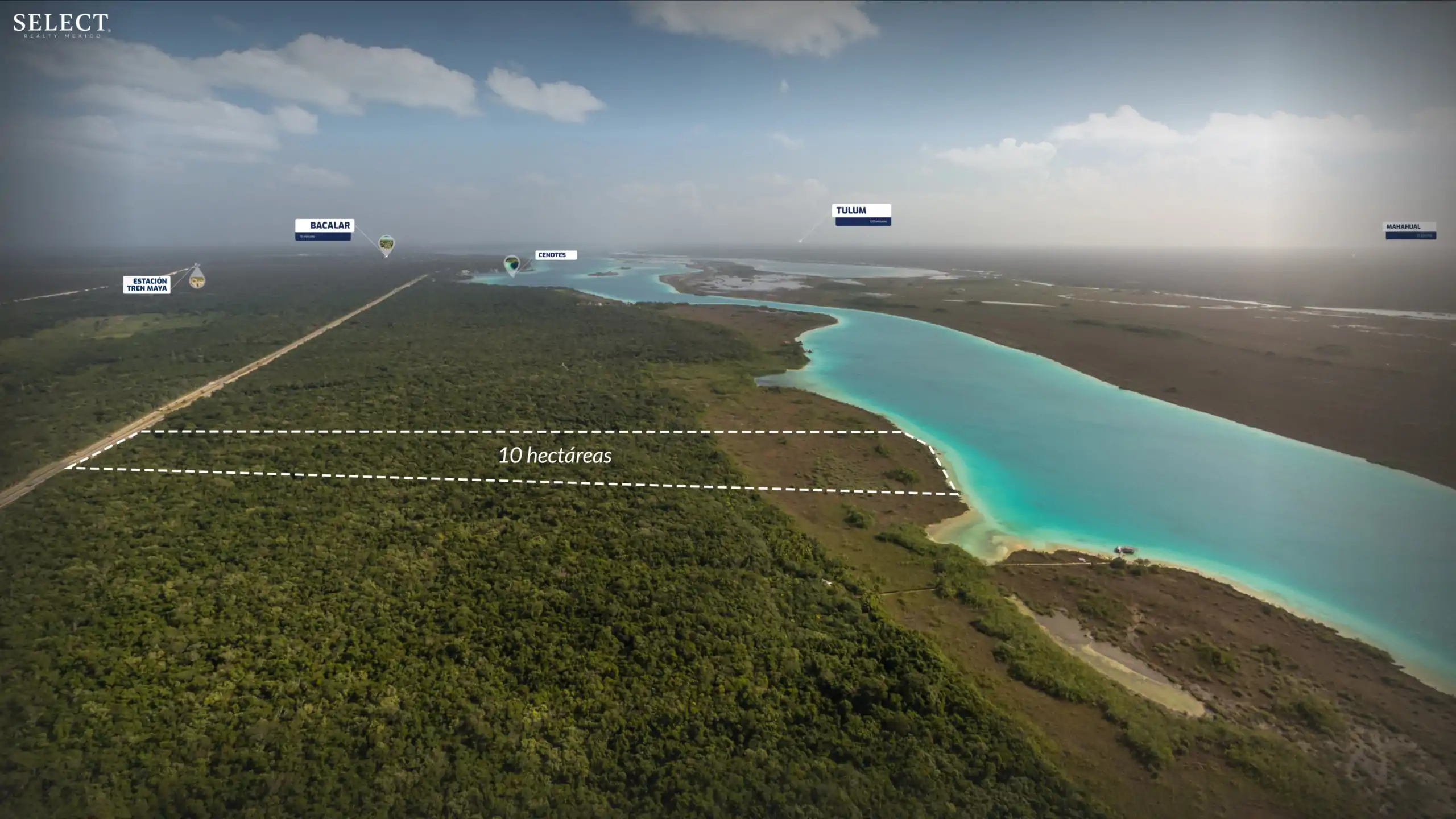 LOTE 10 hectareas-perspectiva aerea Terreno en Bacalar frente a la laguna 10 Hectáreas